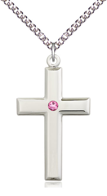 Sterling Silver Cross Pendant with a 3mm Rose Swarovski stone on a 24 inch Sterling Silver Heavy Curb chain