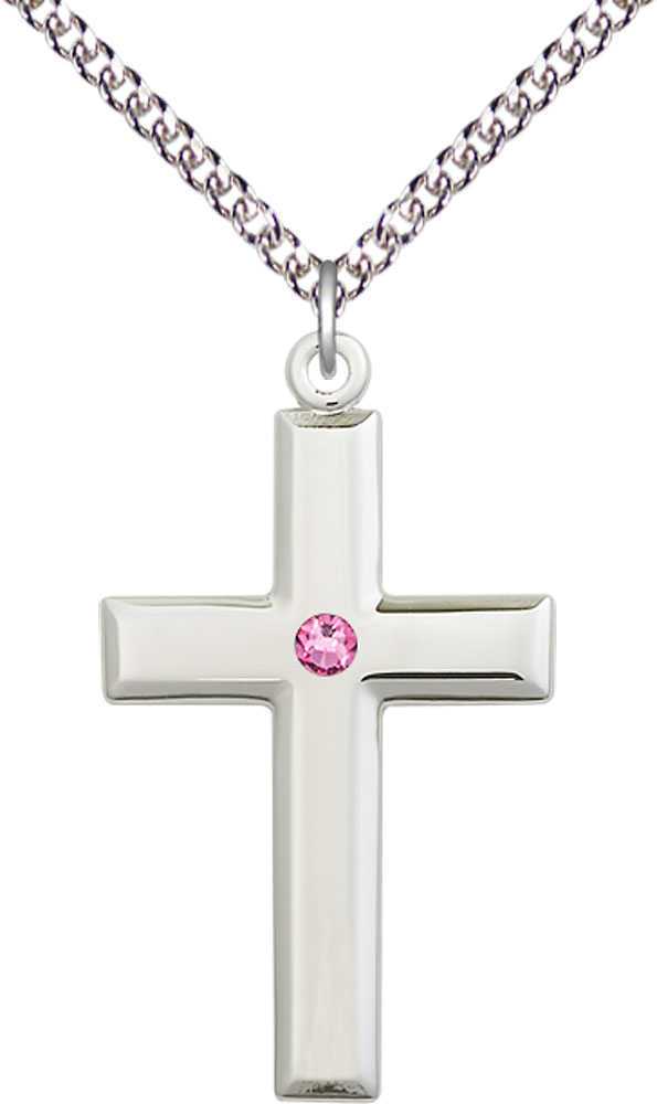 Sterling Silver Cross Pendant with a 3mm Rose Swarovski stone on a 24 inch Sterling Silver Heavy Curb chain