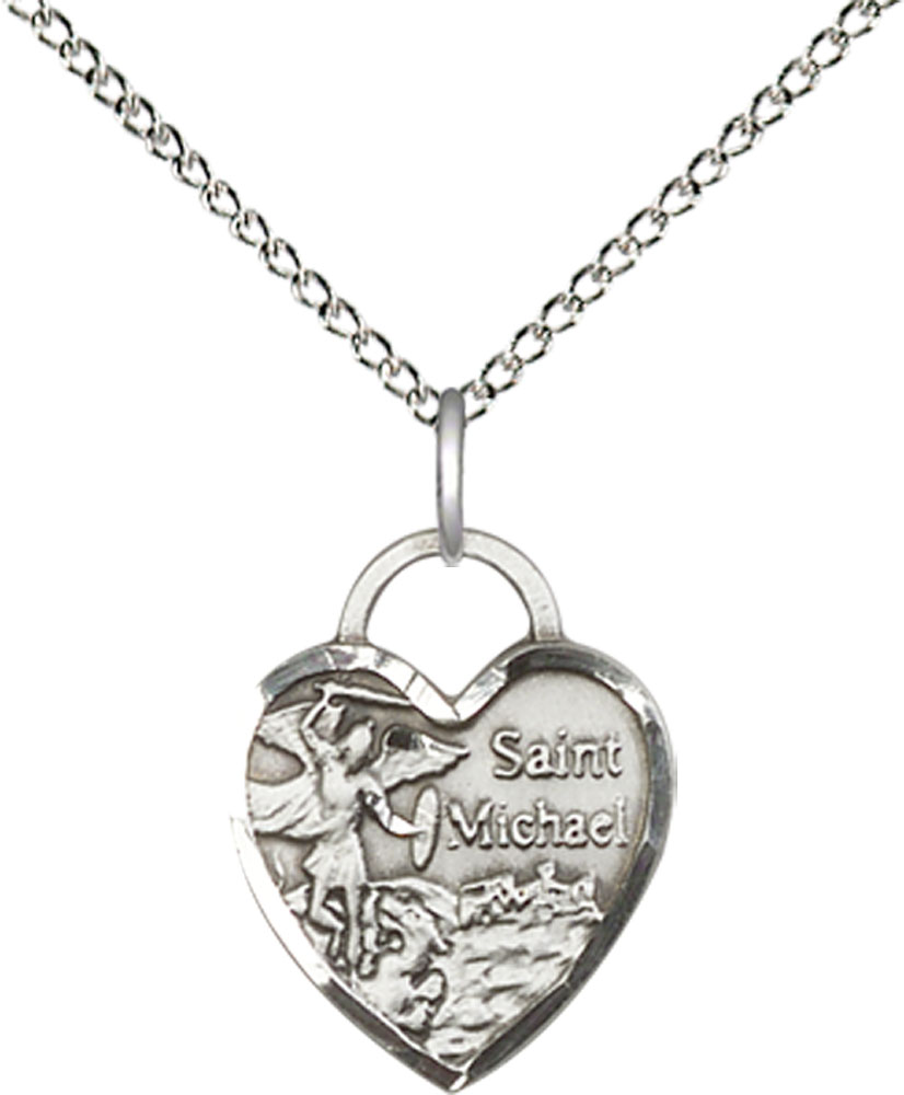 Sterling Silver Saint Michael Heart Pendant on a 18 inch Sterling Silver Light Curb chain