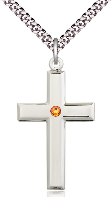 Sterling Silver Cross Pendant with a 3mm Topaz Swarovski stone on a 24 inch Light Rhodium Heavy Curb chain