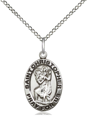 Sterling Silver Saint Christopher Pendant on a 18 inch Sterling Silver Light Curb chain