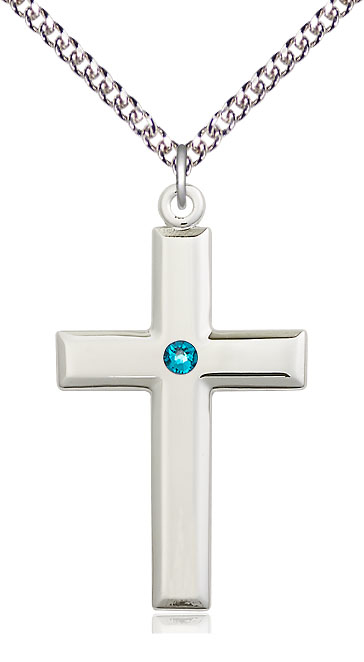 Sterling Silver Cross Pendant with a 3mm Zircon Swarovski stone on a 24 inch Sterling Silver Heavy Curb chain