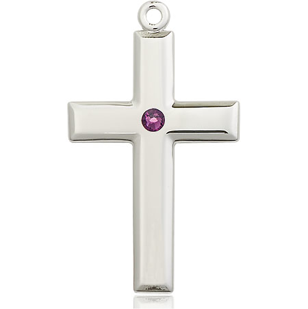 Sterling Silver Cross Medal with a 3mm Amethyst Swarovski stone