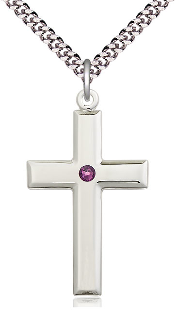 Sterling Silver Cross Pendant with a 3mm Amethyst Swarovski stone on a 24 inch Light Rhodium Heavy Curb chain