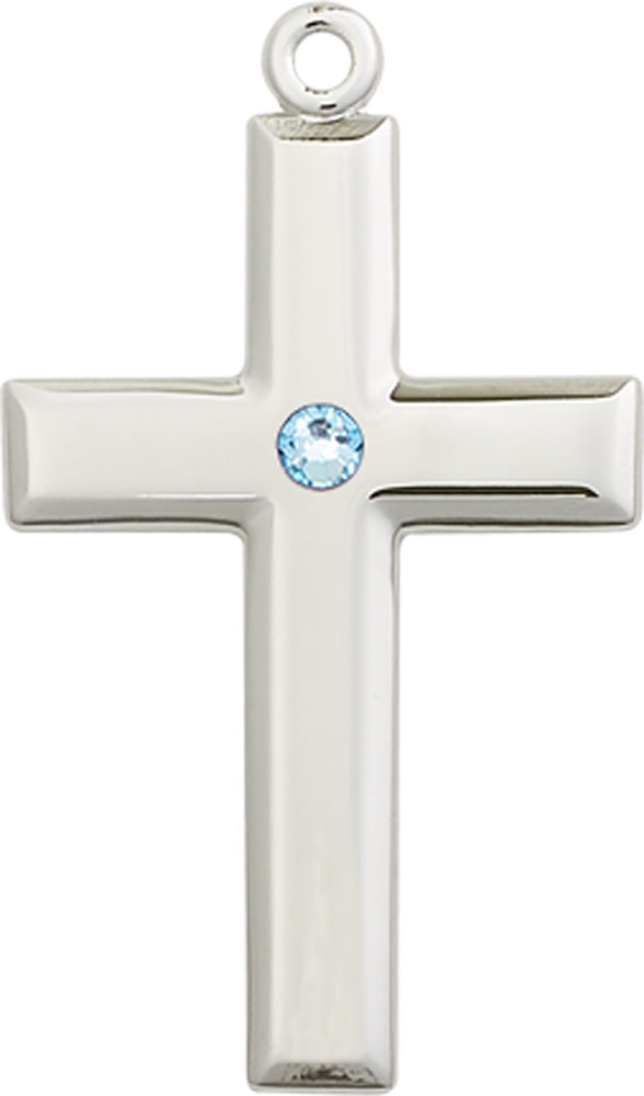 Sterling Silver Cross Medal with a 3mm Aqua Swarovski stone