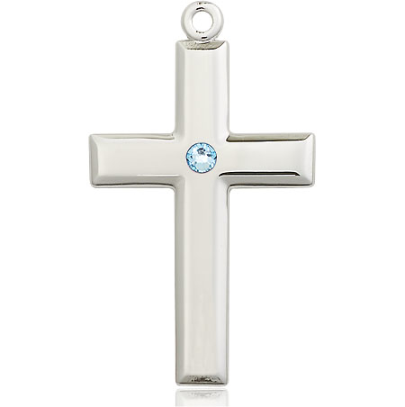 Sterling Silver Cross Medal with a 3mm Aqua Swarovski stone