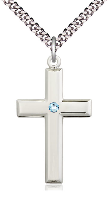 Sterling Silver Cross Pendant with a 3mm Aqua Swarovski stone on a 24 inch Light Rhodium Heavy Curb chain