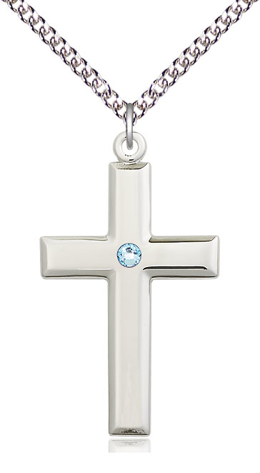 Sterling Silver Cross Pendant with a 3mm Aqua Swarovski stone on a 24 inch Sterling Silver Heavy Curb chain