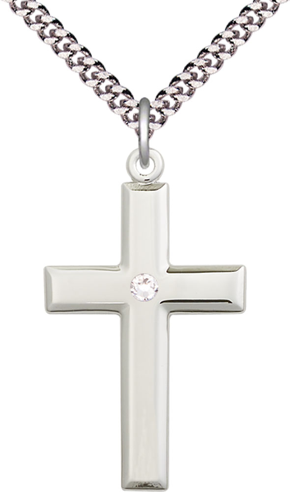 Sterling Silver Cross Pendant with a 3mm Crystal Swarovski stone on a 24 inch Light Rhodium Heavy Curb chain