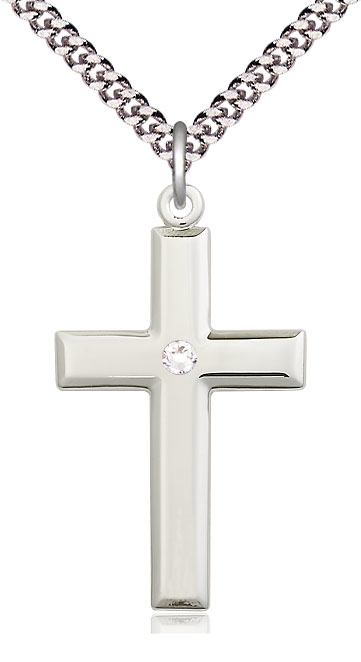 Sterling Silver Cross Pendant with a 3mm Crystal Swarovski stone on a 24 inch Light Rhodium Heavy Curb chain