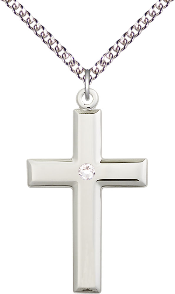 Sterling Silver Cross Pendant with a 3mm Crystal Swarovski stone on a 24 inch Sterling Silver Heavy Curb chain