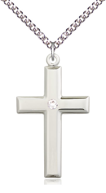 Sterling Silver Cross Pendant with a 3mm Crystal Swarovski stone on a 24 inch Sterling Silver Heavy Curb chain