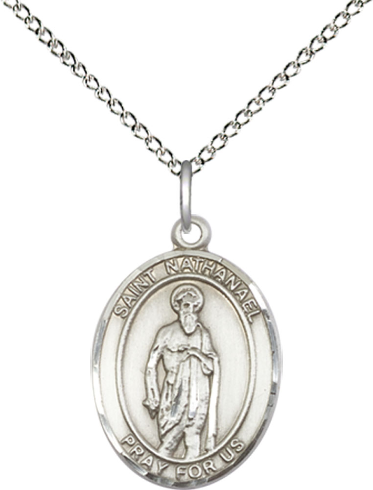 Sterling Silver Saint Nathanael Pendant on a 18 inch Sterling Silver Light Curb chain
