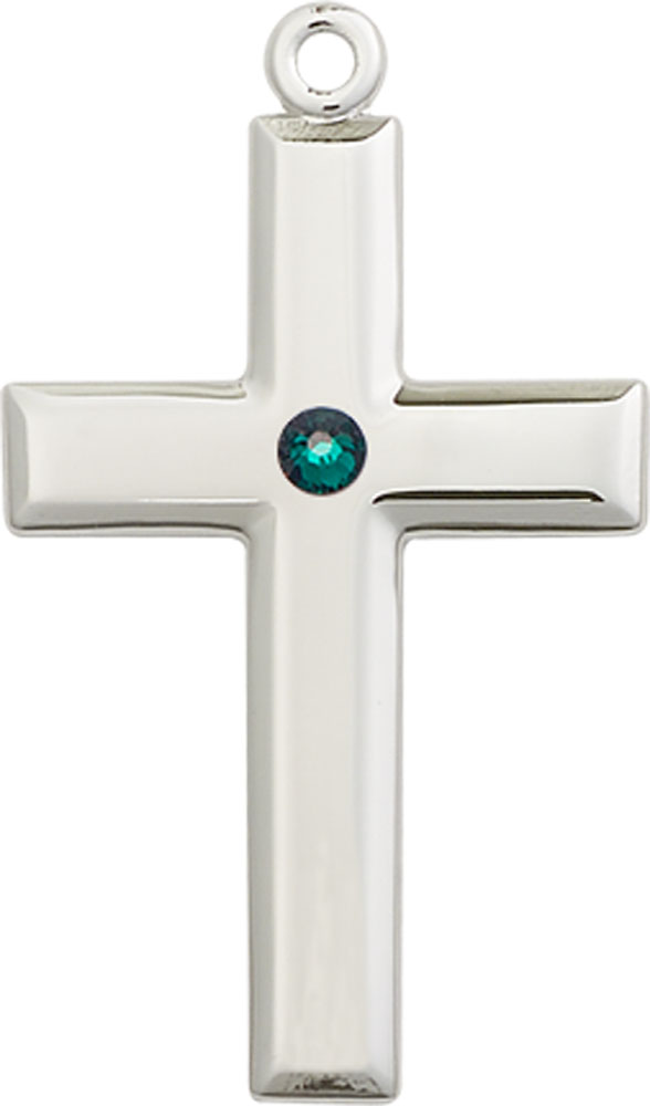 Sterling Silver Cross Medal with a 3mm Emerald Swarovski stone