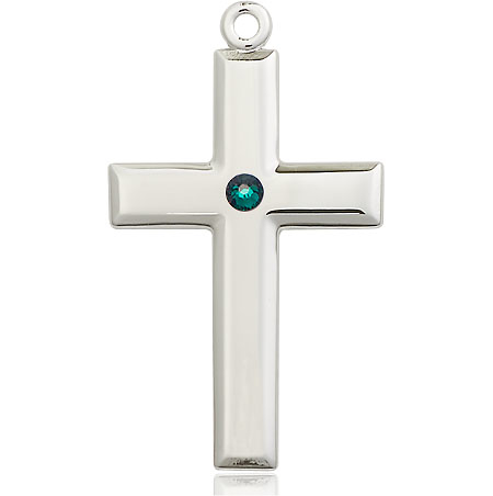 Sterling Silver Cross Medal with a 3mm Emerald Swarovski stone