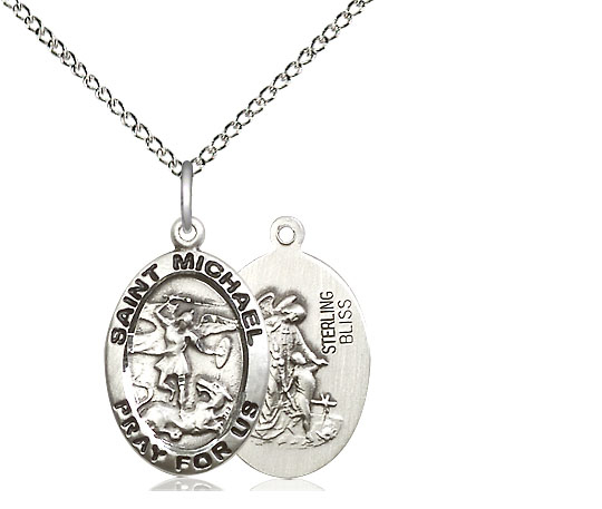 Sterling Silver Saint Michael the Archangel Pendant on a 18 inch Sterling Silver Light Curb chain