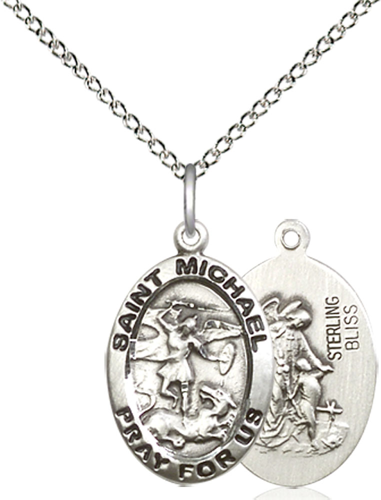 Sterling Silver Saint Michael the Archangel Pendant on a 18 inch Sterling Silver Light Curb chain