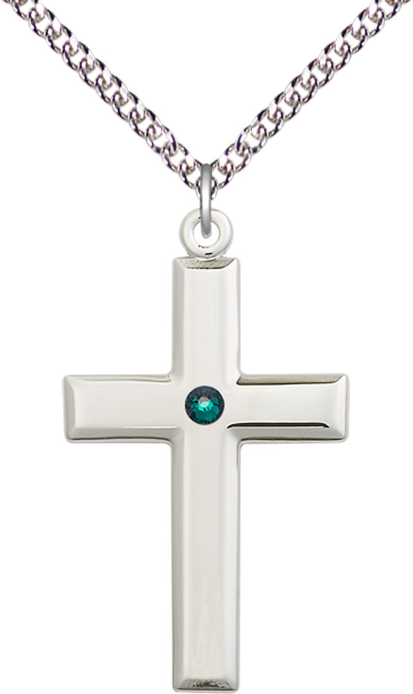 Sterling Silver Cross Pendant with a 3mm Emerald Swarovski stone on a 24 inch Sterling Silver Heavy Curb chain