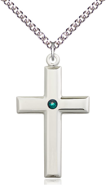 Sterling Silver Cross Pendant with a 3mm Emerald Swarovski stone on a 24 inch Sterling Silver Heavy Curb chain