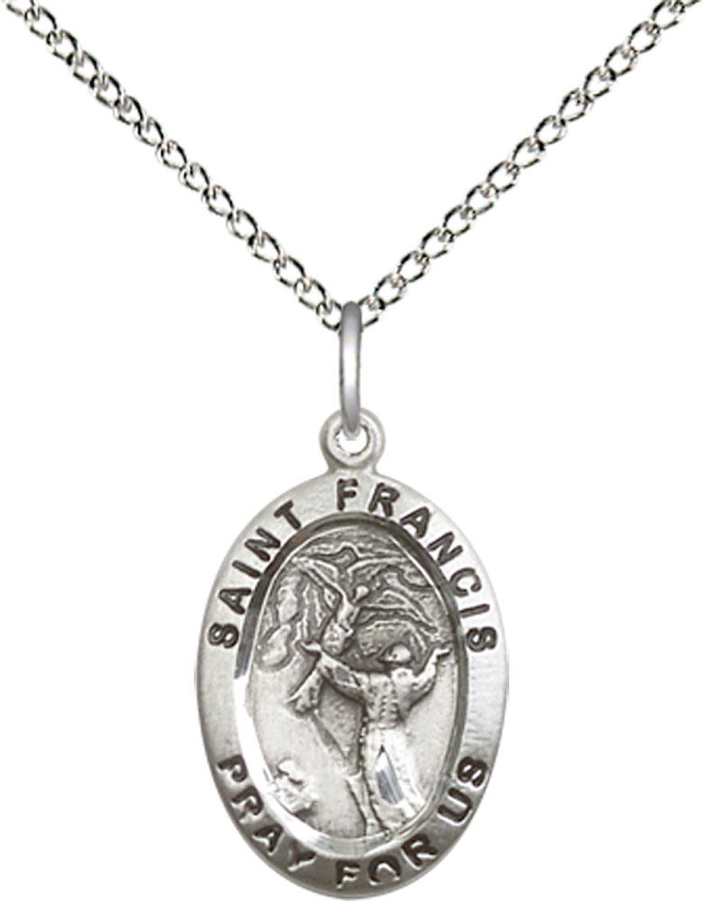Sterling Silver Saint Francis of Assisi Pendant on a 18 inch Sterling Silver Light Curb chain