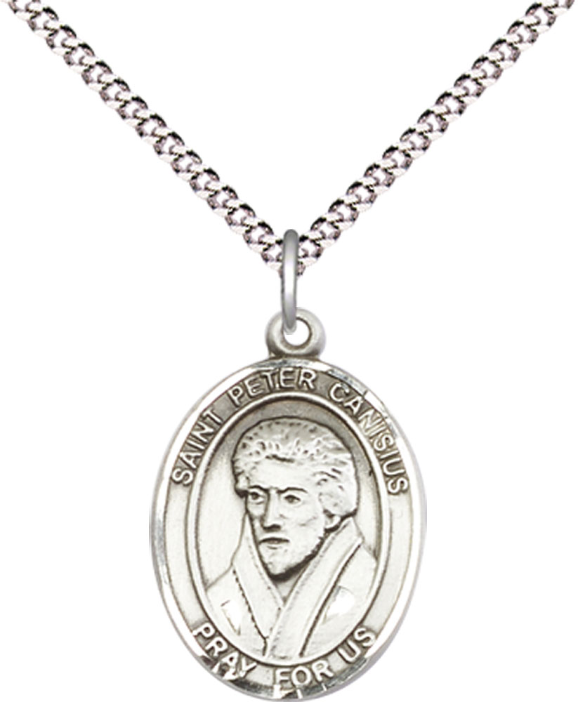 Sterling Silver Saint Peter Canisius Pendant on a 18 inch Light Rhodium Light Curb chain