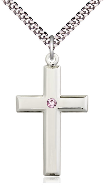 Sterling Silver Cross Pendant with a 3mm Light Amethyst Swarovski stone on a 24 inch Light Rhodium Heavy Curb chain