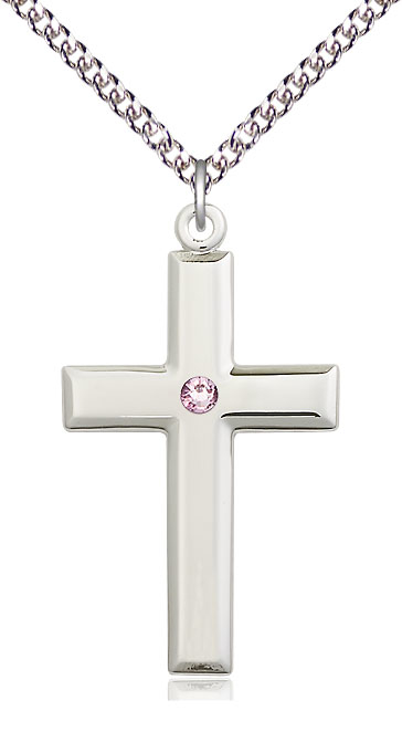 Sterling Silver Cross Pendant with a 3mm Light Amethyst Swarovski stone on a 24 inch Sterling Silver Heavy Curb chain