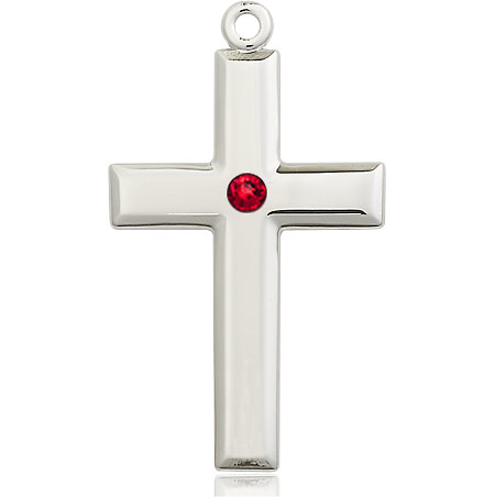 Sterling Silver Cross Medal with a 3mm Ruby Swarovski stone