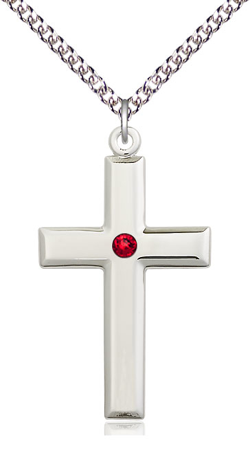 Sterling Silver Cross Pendant with a 3mm Ruby Swarovski stone on a 24 inch Sterling Silver Heavy Curb chain