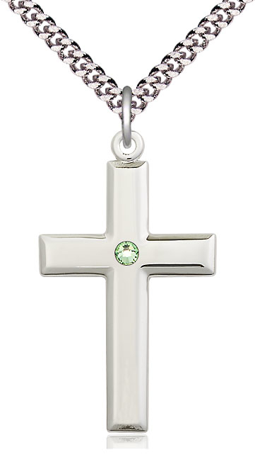 Sterling Silver Cross Pendant with a 3mm Peridot Swarovski stone on a 24 inch Light Rhodium Heavy Curb chain