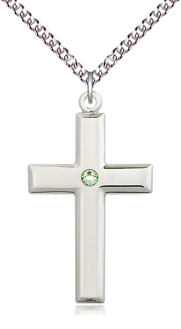 Sterling Silver Cross Pendant with a 3mm Peridot Swarovski stone on a 24 inch Sterling Silver Heavy Curb chain