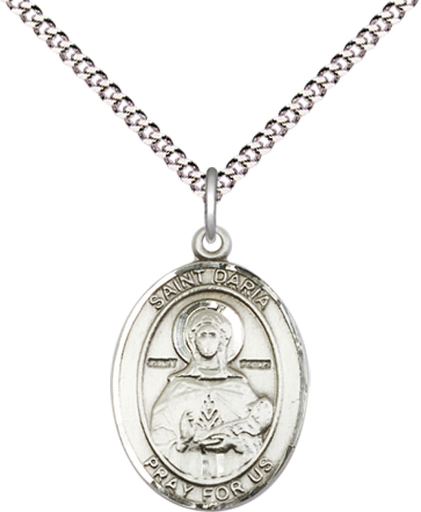 Sterling Silver Saint Daria Pendant on a 18 inch Light Rhodium Light Curb chain