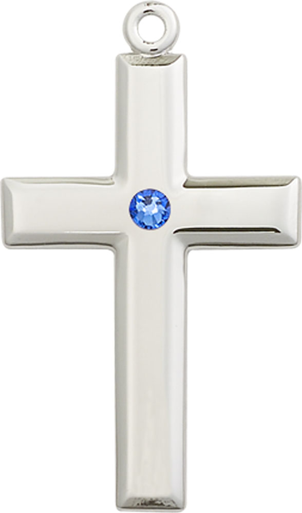 Sterling Silver Cross Medal with a 3mm Sapphire Swarovski stone