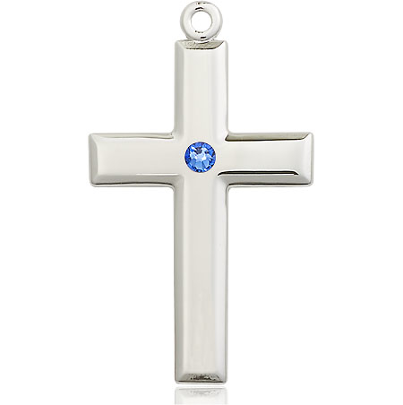 Sterling Silver Cross Medal with a 3mm Sapphire Swarovski stone