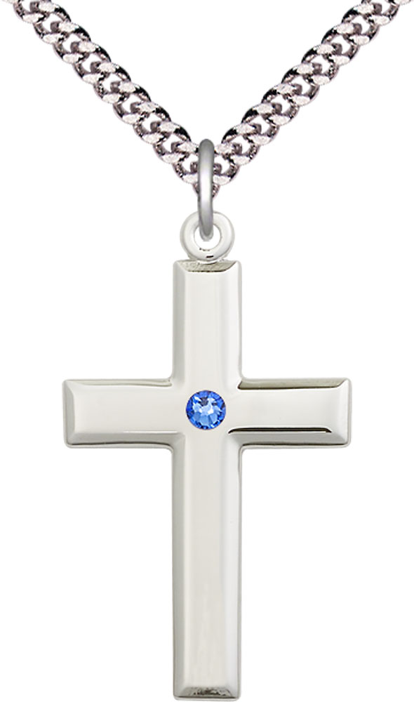 Sterling Silver Cross Pendant with a 3mm Sapphire Swarovski stone on a 24 inch Light Rhodium Heavy Curb chain