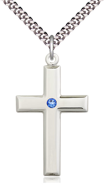 Sterling Silver Cross Pendant with a 3mm Sapphire Swarovski stone on a 24 inch Light Rhodium Heavy Curb chain