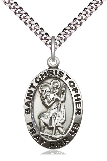 Sterling Silver Saint Christopher Pendant on a 24 inch Light Rhodium Heavy Curb chain