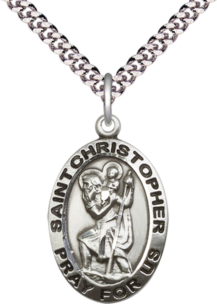 Sterling Silver Saint Christopher Pendant on a 24 inch Light Rhodium Heavy Curb chain
