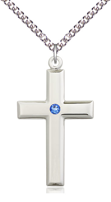 Sterling Silver Cross Pendant with a 3mm Sapphire Swarovski stone on a 24 inch Sterling Silver Heavy Curb chain