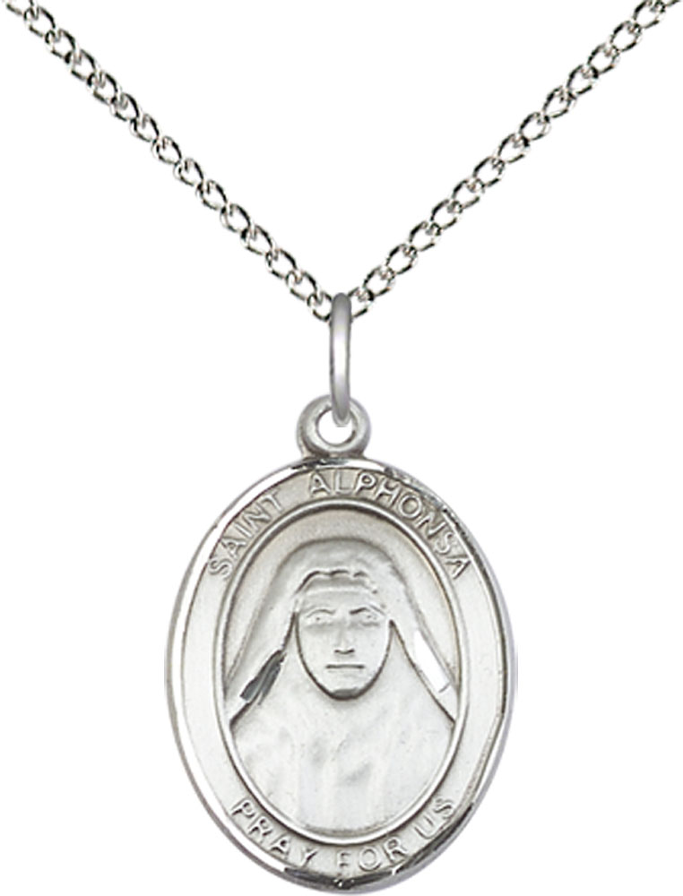 Sterling Silver Saint Alphonsa Pendant on a 18 inch Sterling Silver Light Curb chain