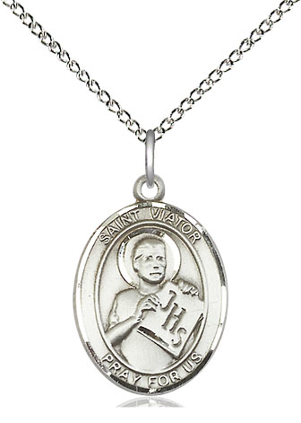 Sterling Silver Saint Viator of Bergamo Pendant on a 18 inch Sterling Silver Light Curb chain
