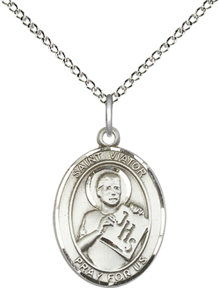 Sterling Silver Saint Viator of Bergamo Pendant on a 18 inch Sterling Silver Light Curb chain