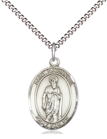 Sterling Silver Saint Nathanael Pendant on a 18 inch Light Rhodium Light Curb chain