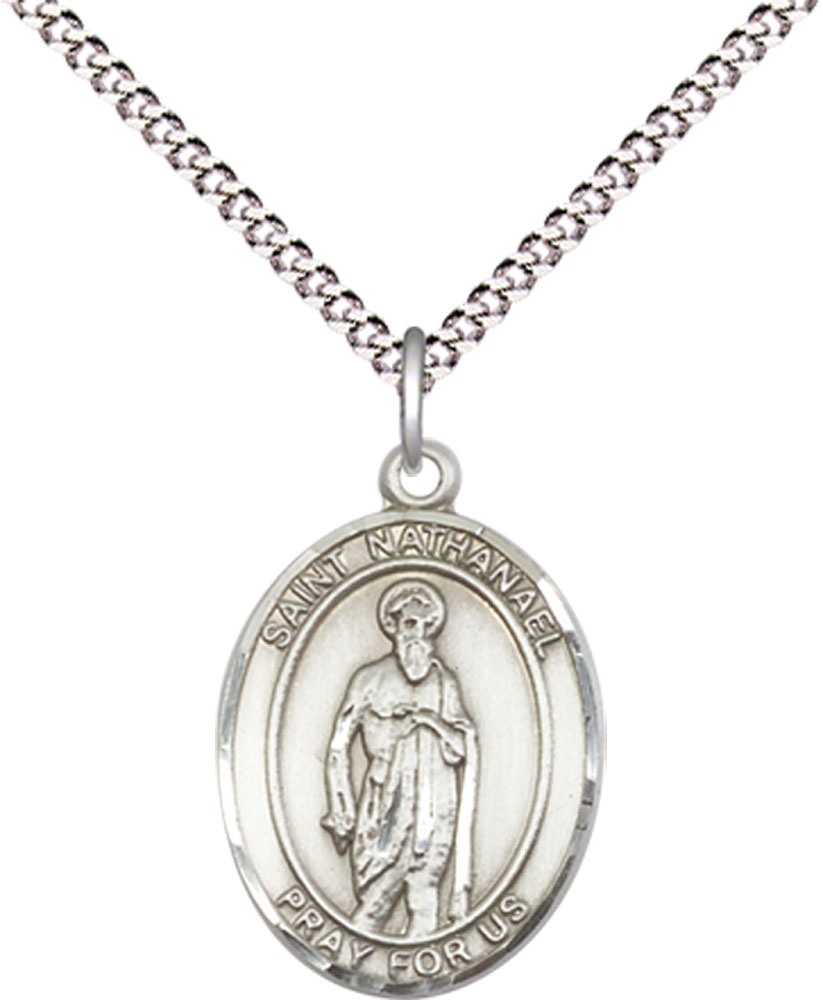 Sterling Silver Saint Nathanael Pendant on a 18 inch Light Rhodium Light Curb chain