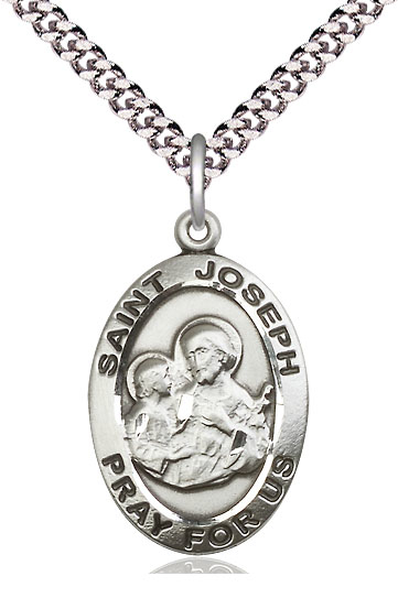 Sterling Silver Saint Joseph Pendant on a 24 inch Light Rhodium Heavy Curb chain