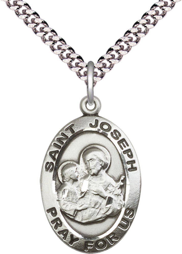 Sterling Silver Saint Joseph Pendant on a 24 inch Light Rhodium Heavy Curb chain