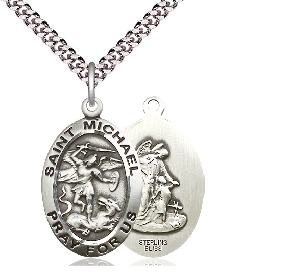 Sterling Silver Saint Michael the Archangel Pendant on a 24 inch Light Rhodium Heavy Curb chain