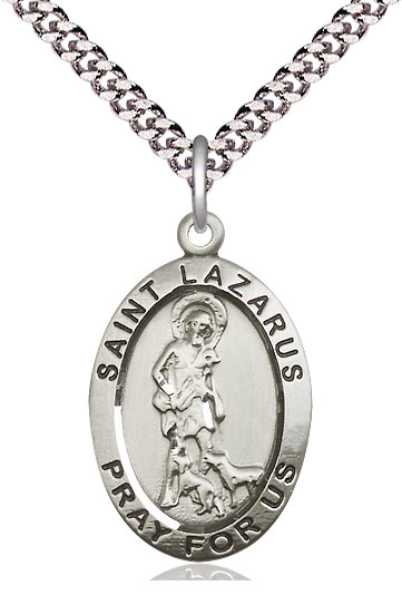 Sterling Silver Saint Lazarus Pendant on a 24 inch Light Rhodium Heavy Curb chain