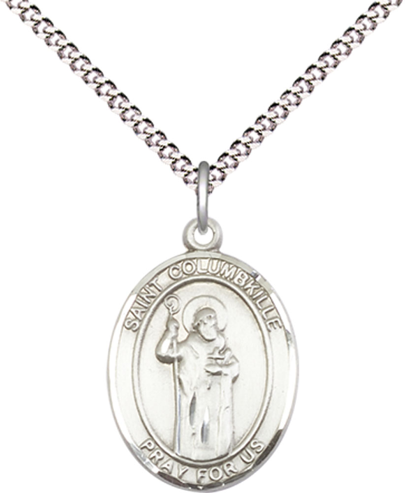 Sterling Silver Saint Columbkille Pendant on a 18 inch Light Rhodium Light Curb chain
