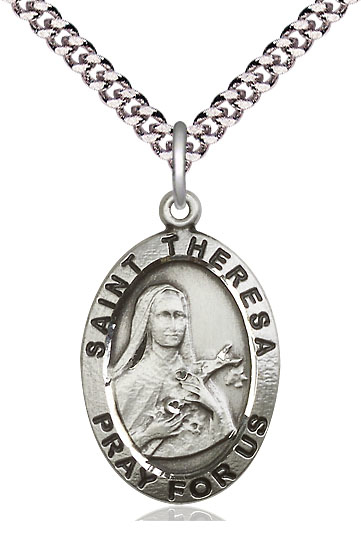 Sterling Silver Saint Theresa Pendant on a 24 inch Light Rhodium Heavy Curb chain